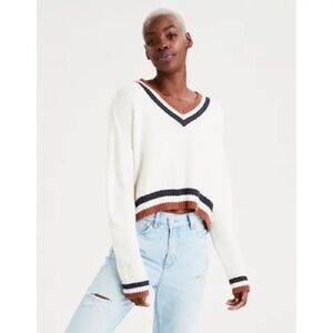 Aerie Cream Stripped Crop Knit Sweater